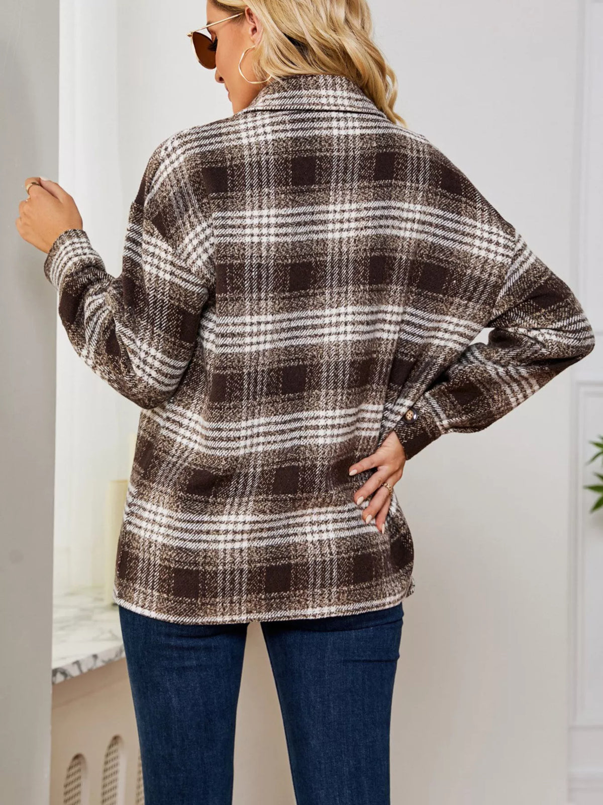 Plaid Button-Up Long Sleeve Shacket with Pockets