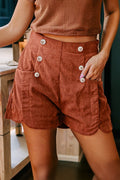 Clay Button Decor Scalloped Edge High Waist Corduroy Shorts
