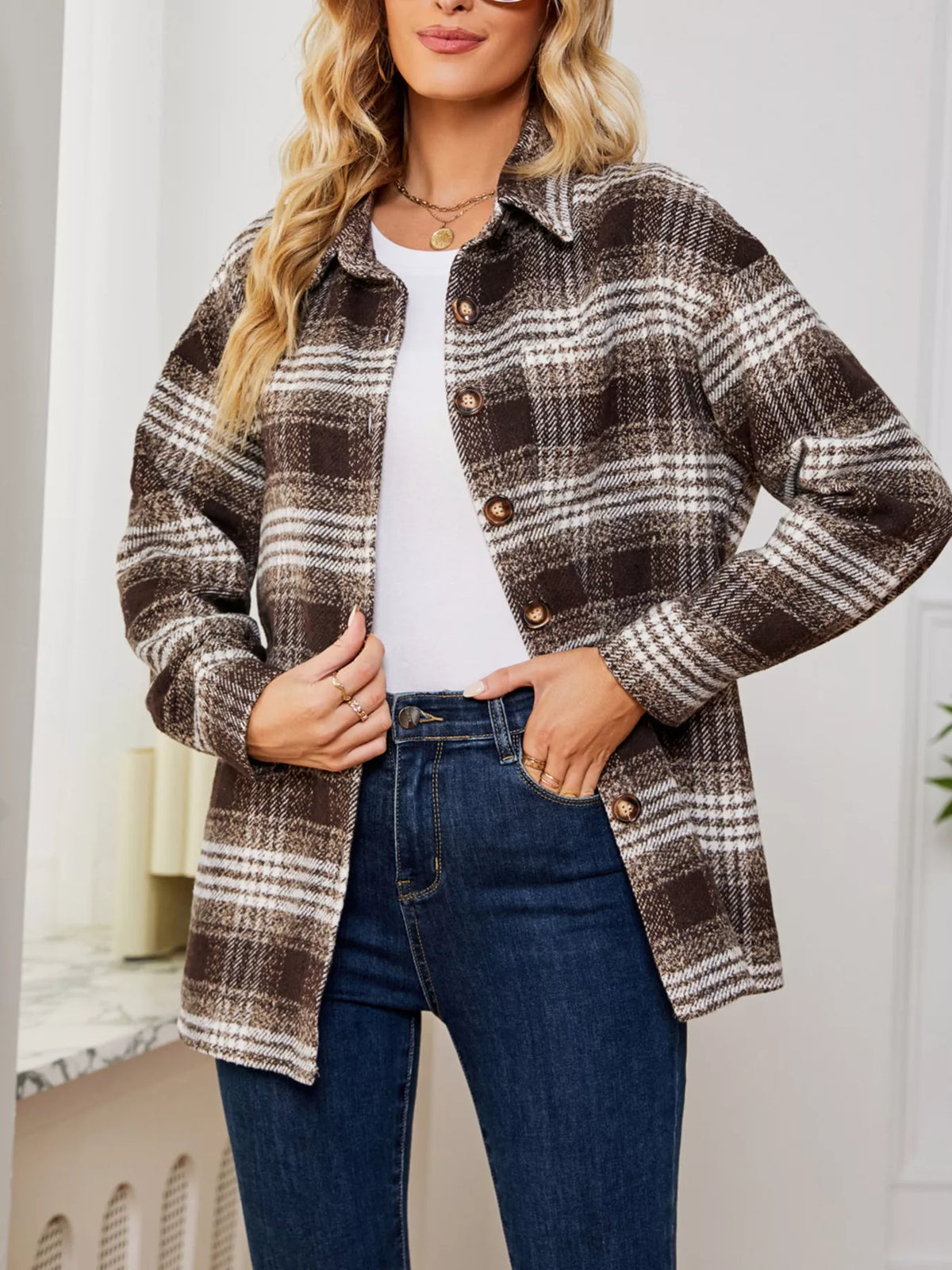 Plaid Button-Up Long Sleeve Shacket with Pockets