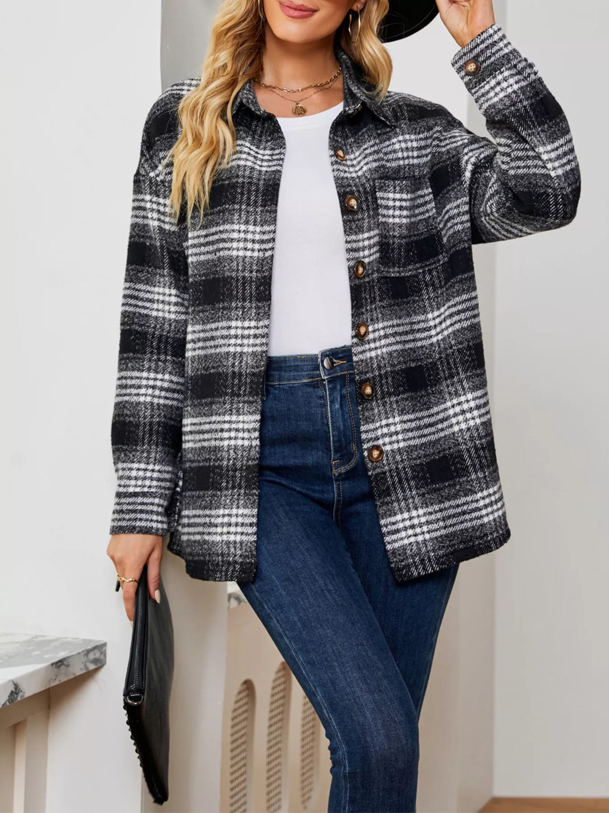 Plaid Button-Up Long Sleeve Shacket with Pockets