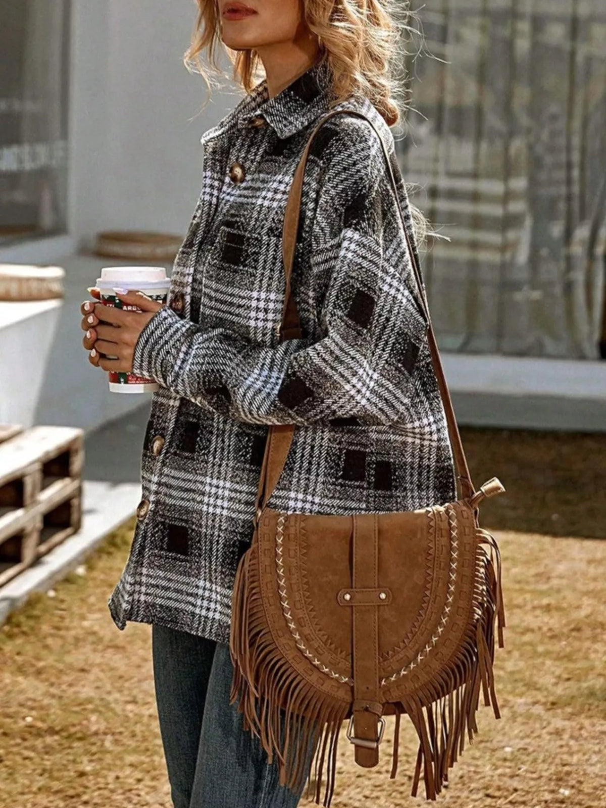 Plaid Button-Up Long Sleeve Shacket with Pockets
