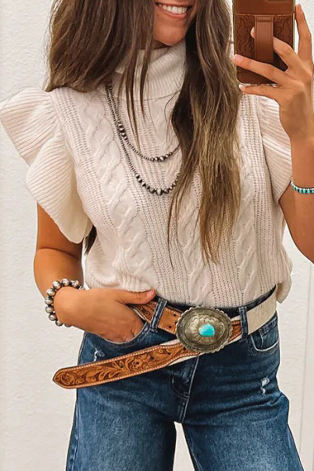 Jet Stream Cable Knit Turtleneck Ruffled Short Sleeve Sweater