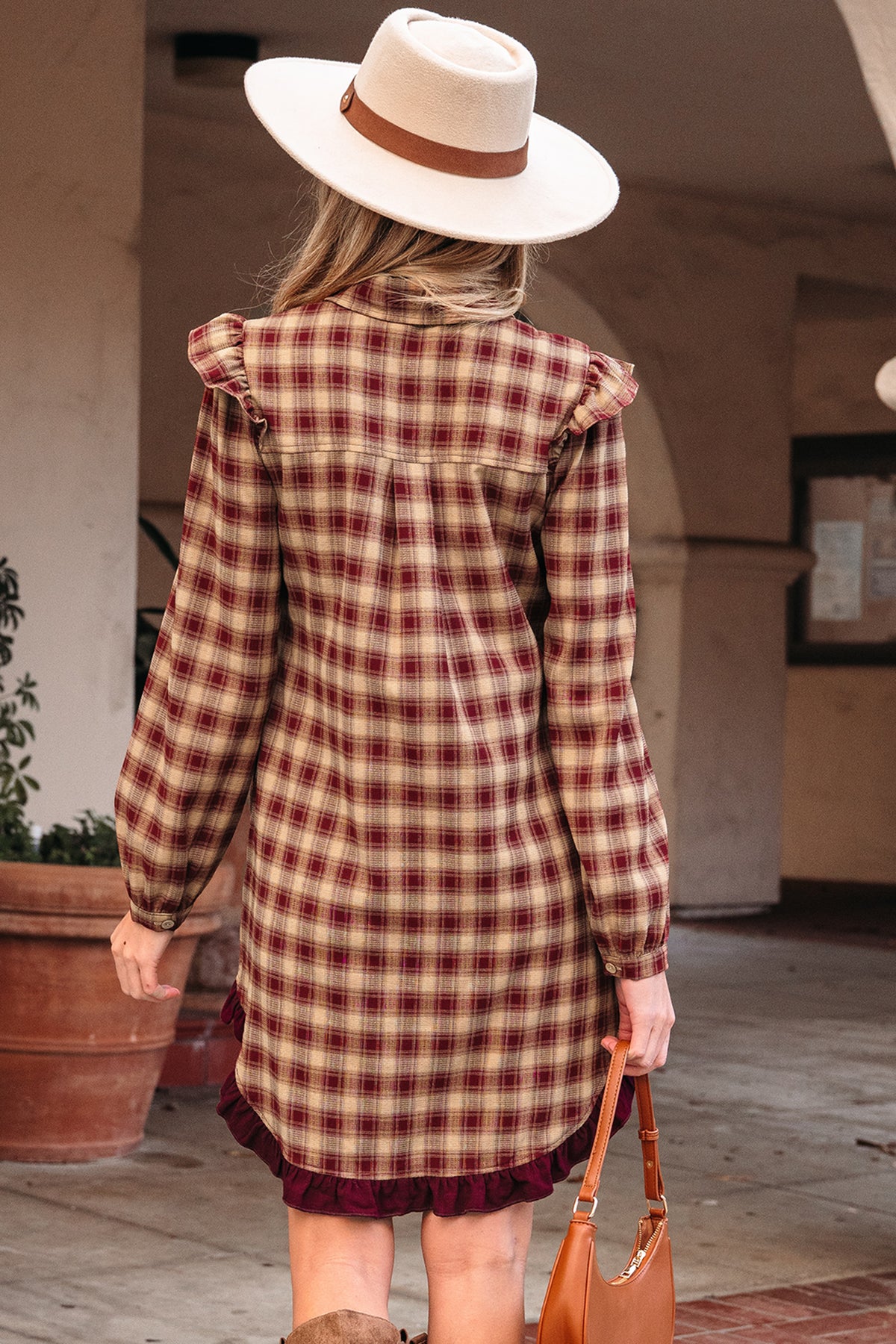 Red Plaid Print Ruffled Long Sleeve Patchwork Hem Mini Shirt Dress
