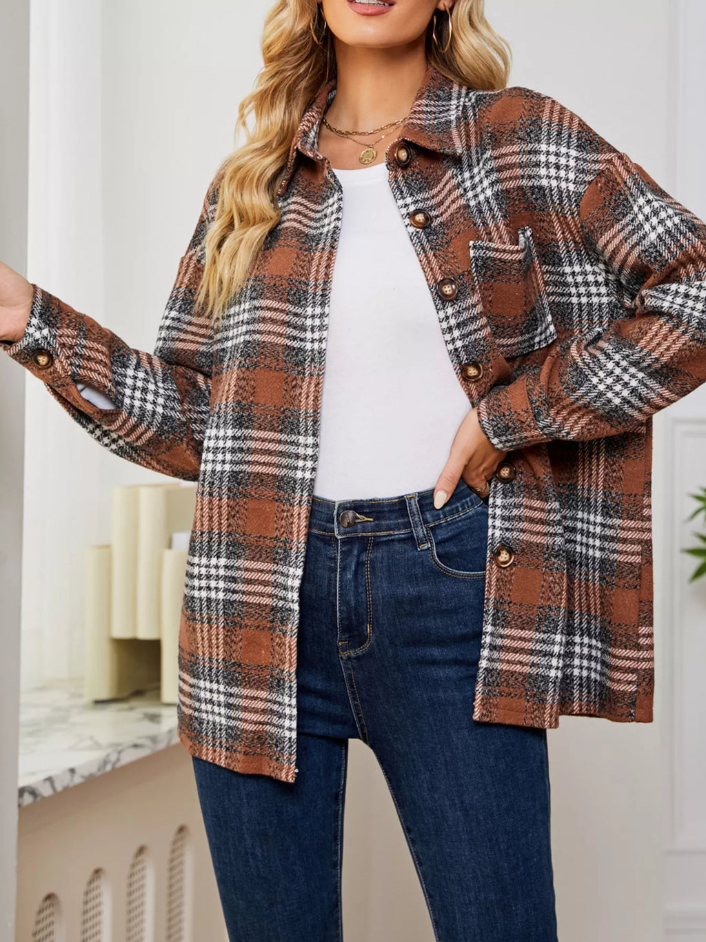 Plaid Button-Up Long Sleeve Shacket with Pockets