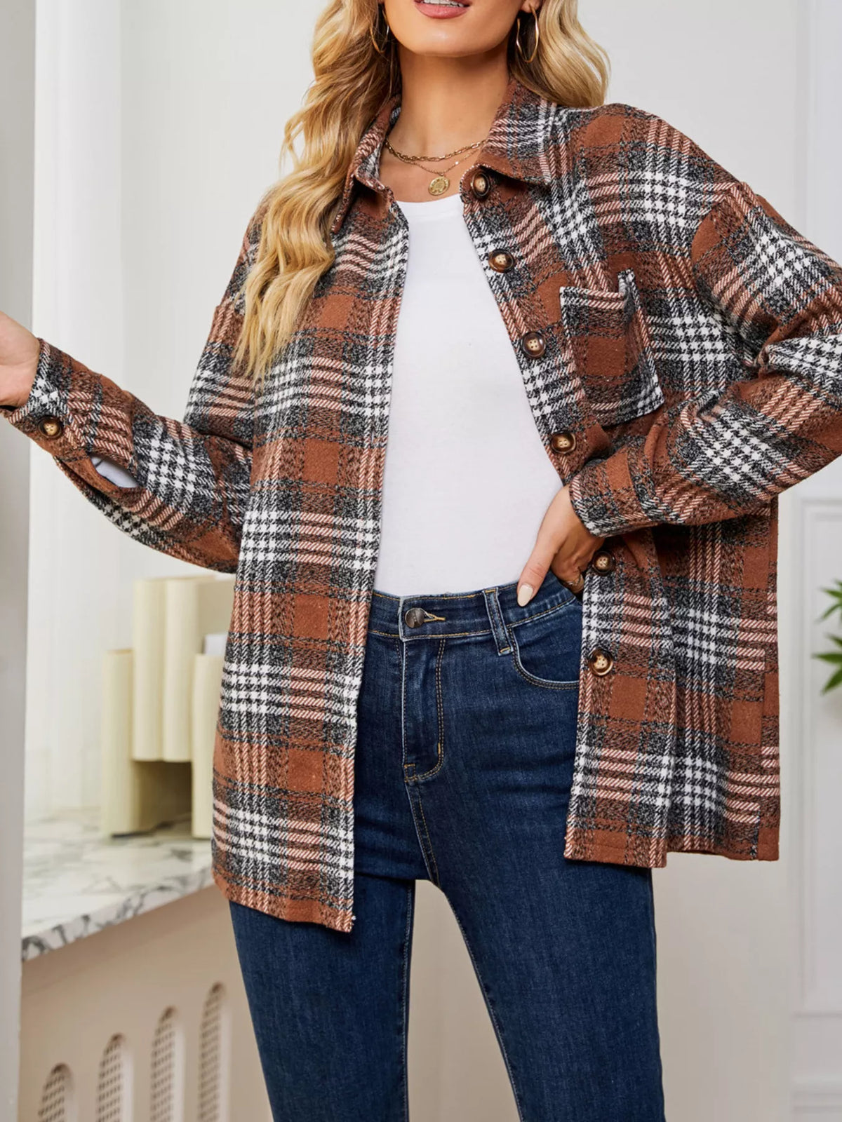 Plaid Button-Up Long Sleeve Shacket with Pockets