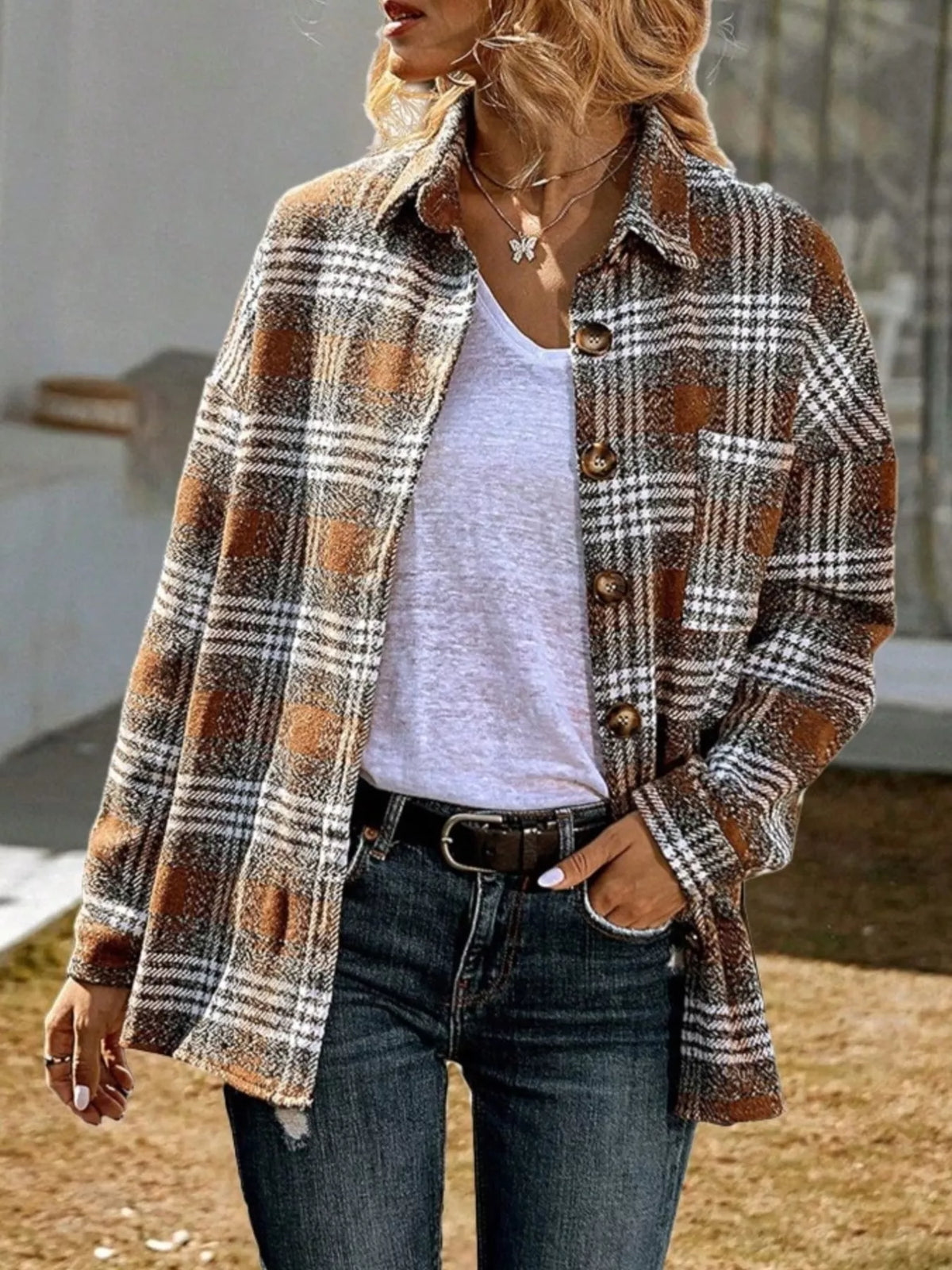 Plaid Button-Up Long Sleeve Shacket with Pockets