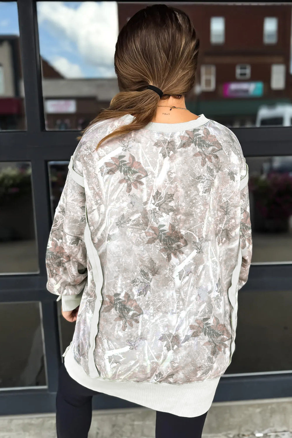 Gray Leafy Camo Print Exposed Seam Patchwork Baggy Slit Sweatshirt