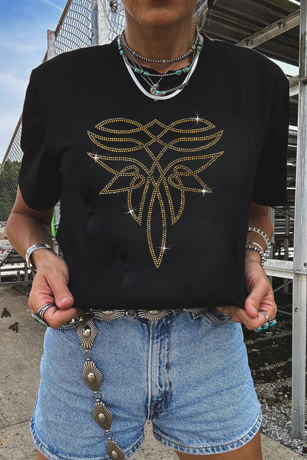 Black Rhinestone Western Pattern Cotton Blend Graphic T Shirt