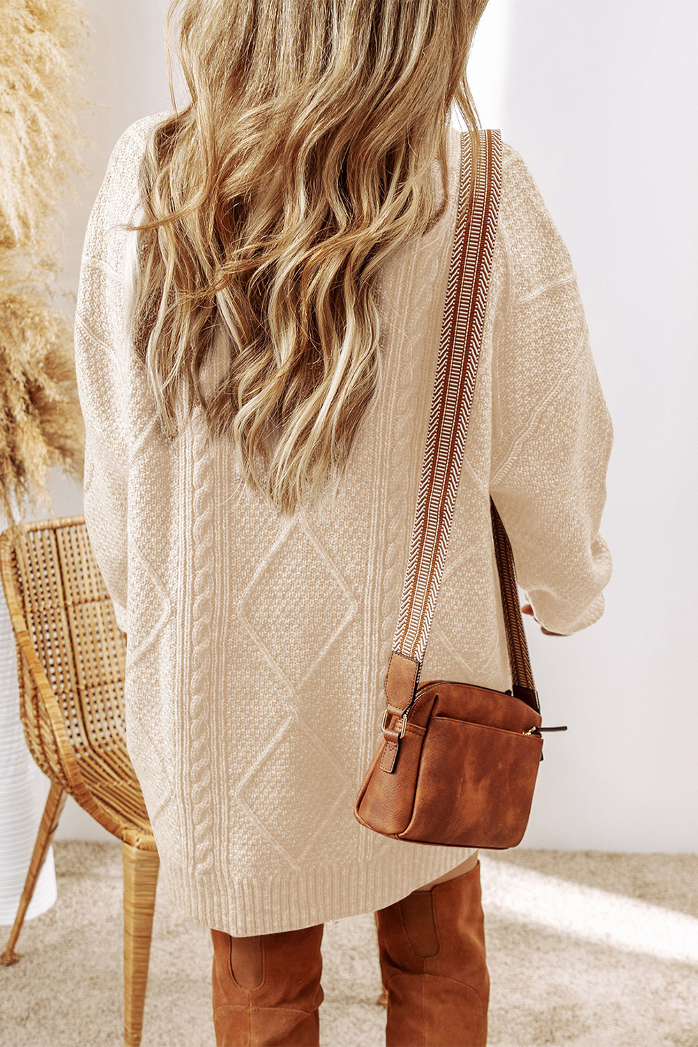 Parchment Cable Knit Drop Shoulder Loose Fit Sweater Dress