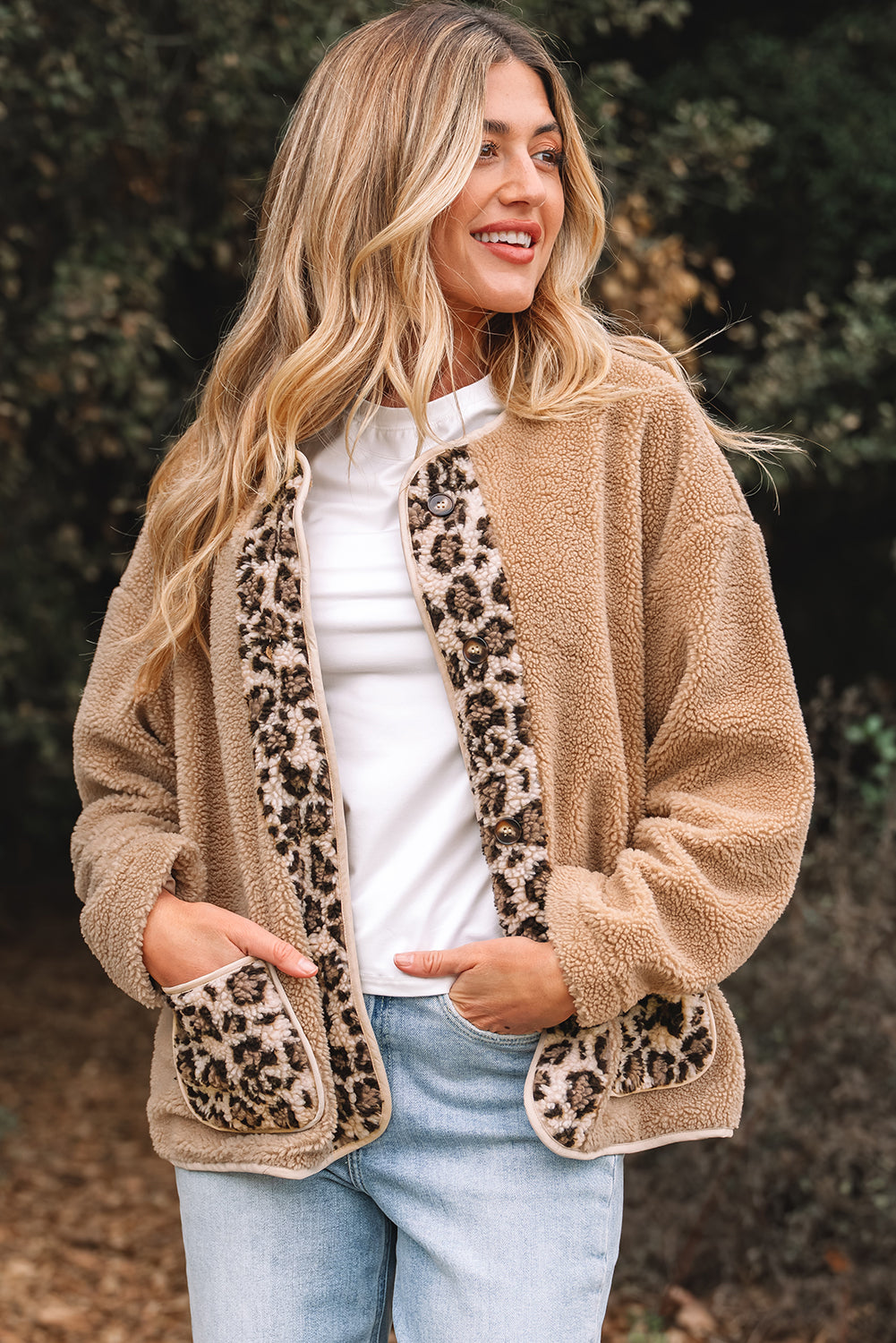 Casual Leopard Print Accent Plush Jacket with Pockets