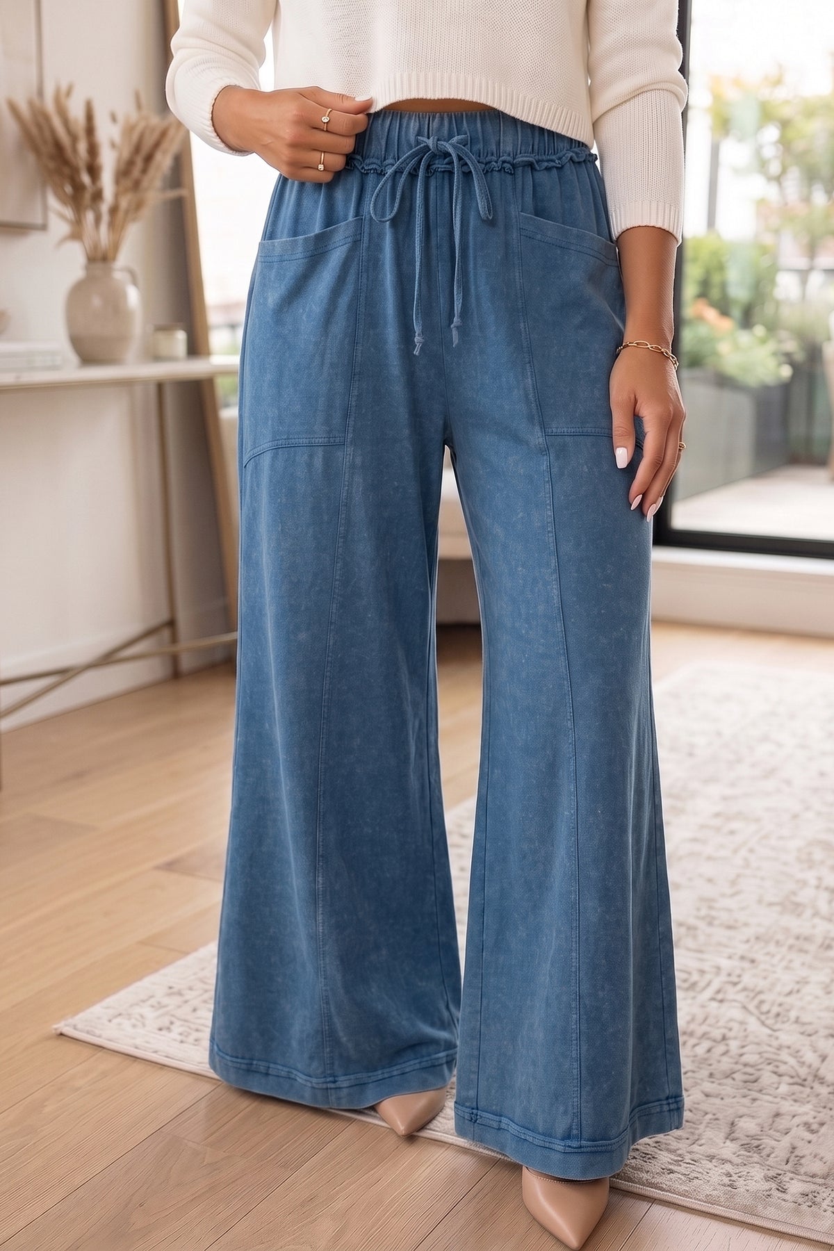 Coffee Mineral Wash Seam Detail Flare Leg Drawstring Pants