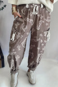 Khaki Western Cactus Cowgirl Hat Boot Printed Vintage Drawstring Jogger Pants