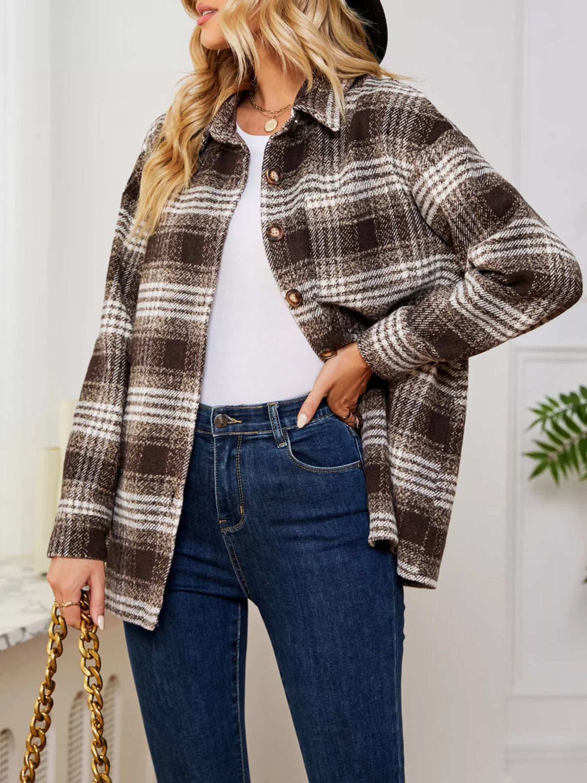 Plaid Button-Up Long Sleeve Shacket with Pockets