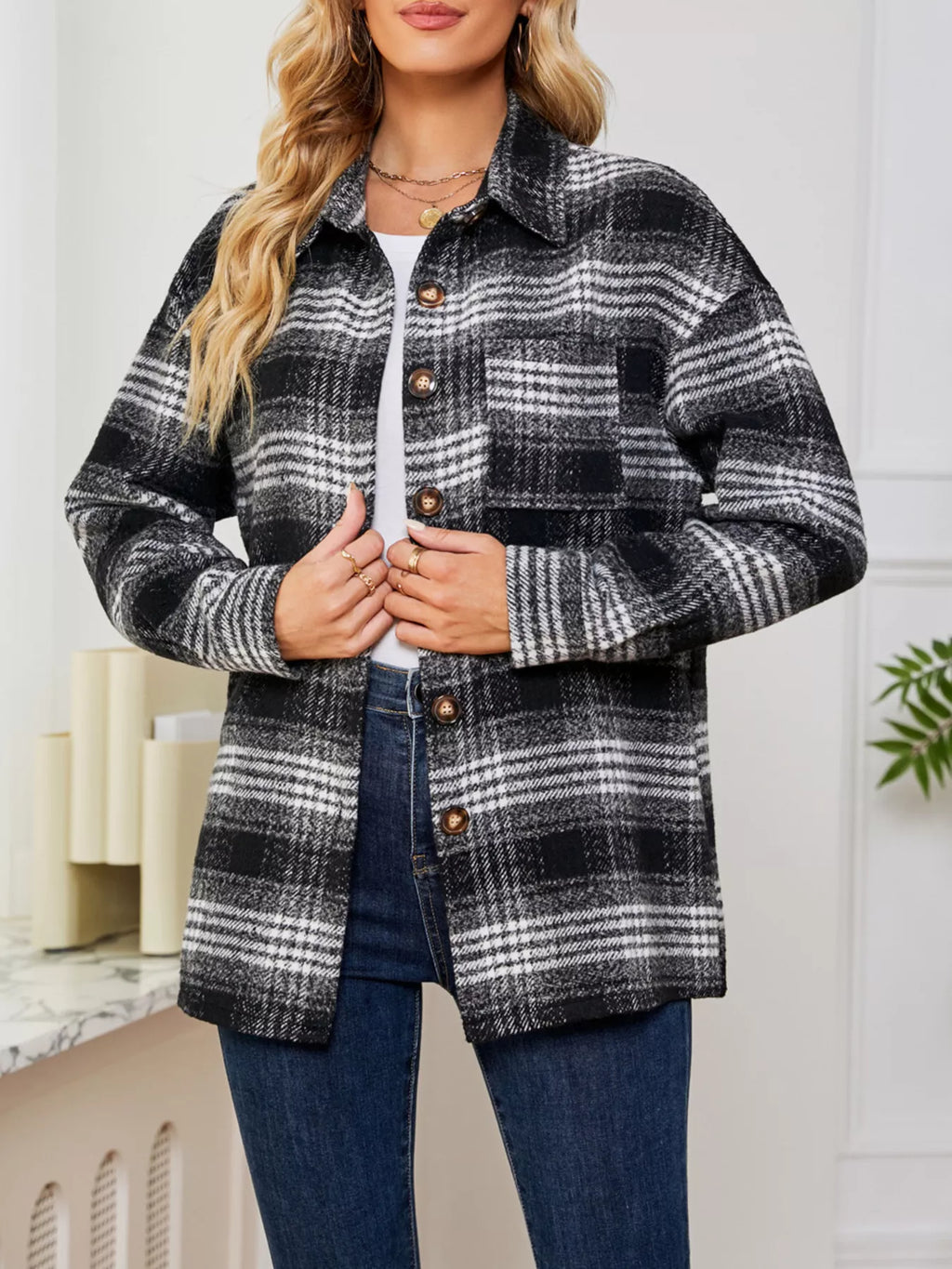 Plaid Button-Up Long Sleeve Shacket with Pockets