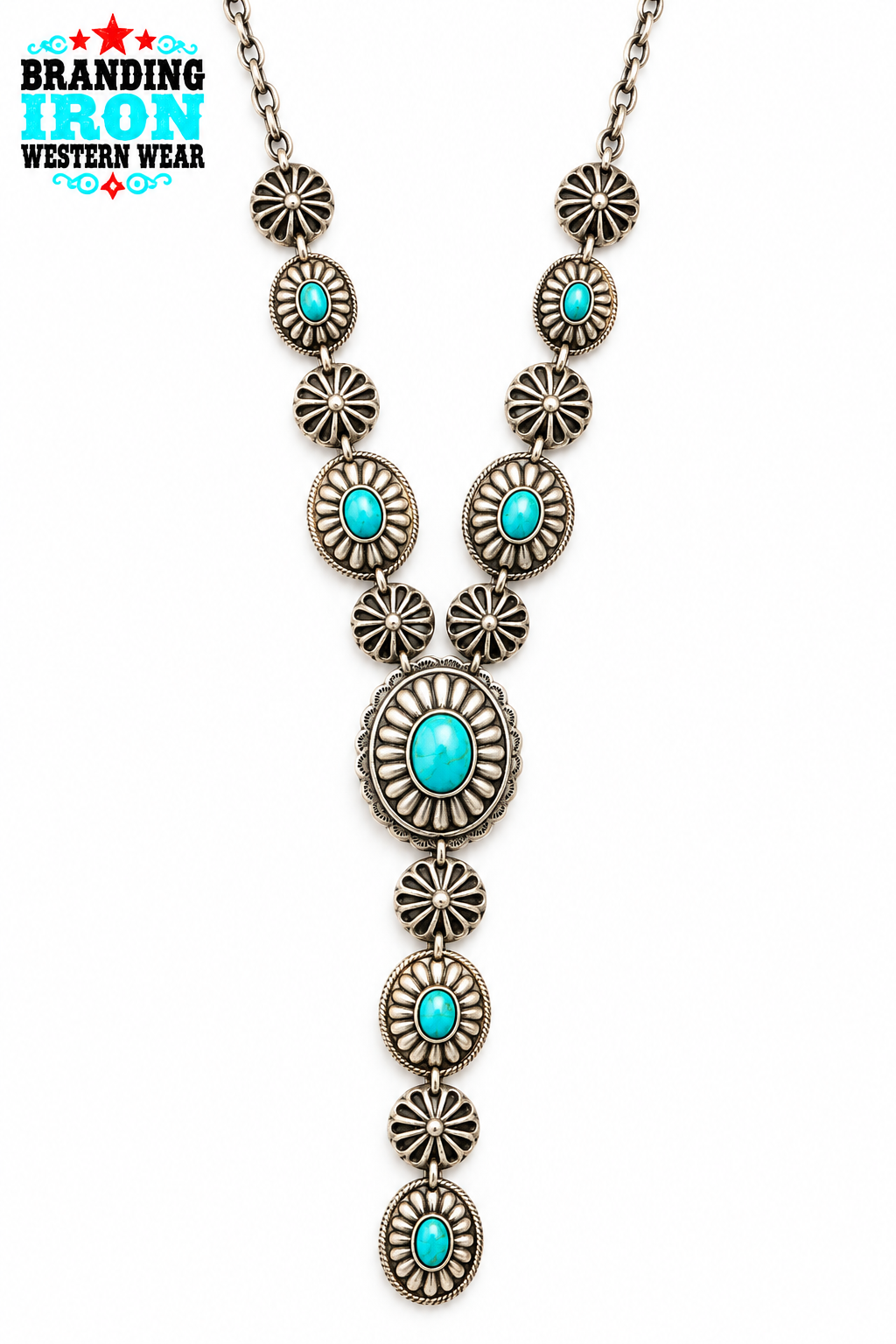 Turquoise Concho Lariat Necklace | Branding Iron Western Wear