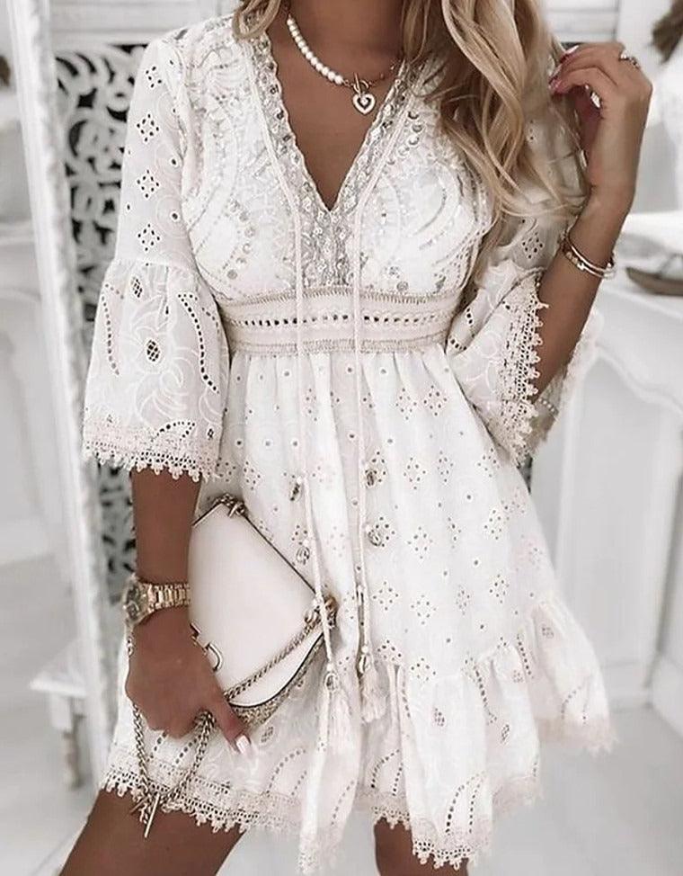Lace Embroidered Romance Dress - Sweet and Fresh Floral Cotton Dress for Women