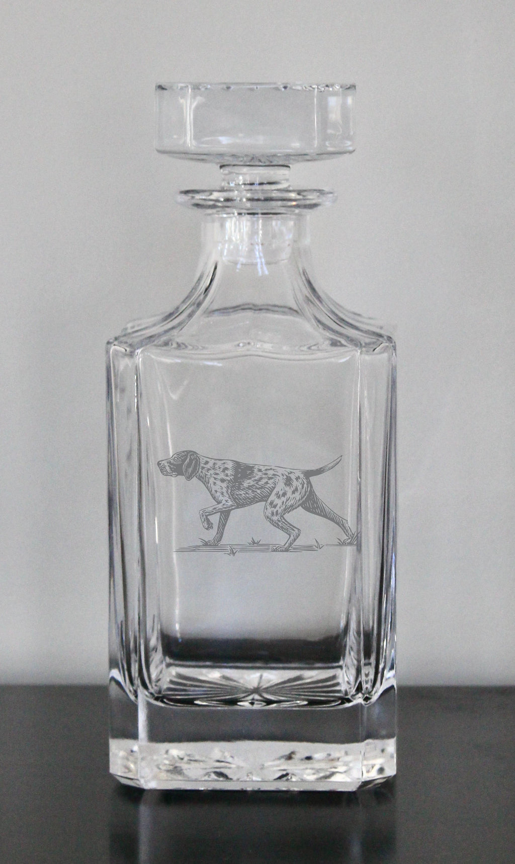 German Shorthaired Pointer (GSP) Engraved Whiskey Decanter - 26oz Square Crystal Decanter with Stopper
