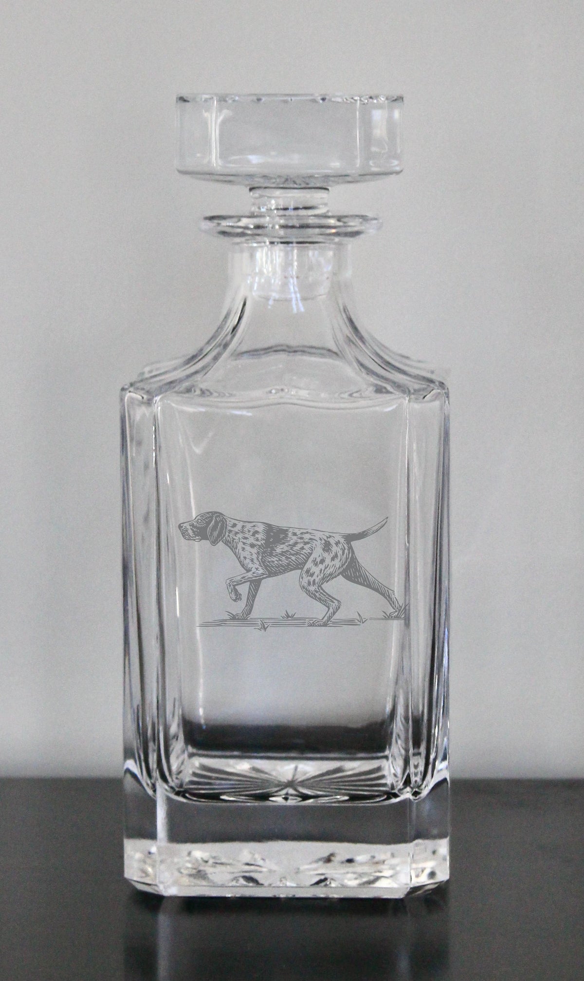 German Shorthaired Pointer (GSP) Engraved Whiskey Decanter - 26oz Square Crystal Decanter with Stopper