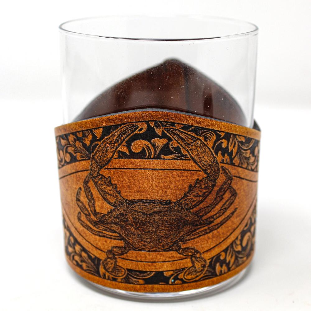 Handcrafted Leather Wrapped Whiskey Glass | Blue Crab Rocks Glass