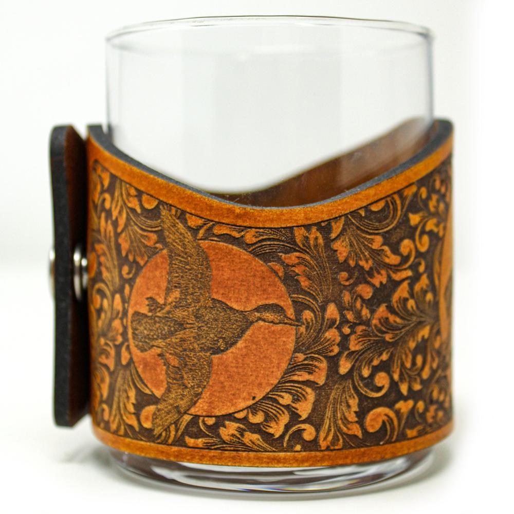 Handcrafted Leather Wrapped Whiskey Glass | Mallard Ducks