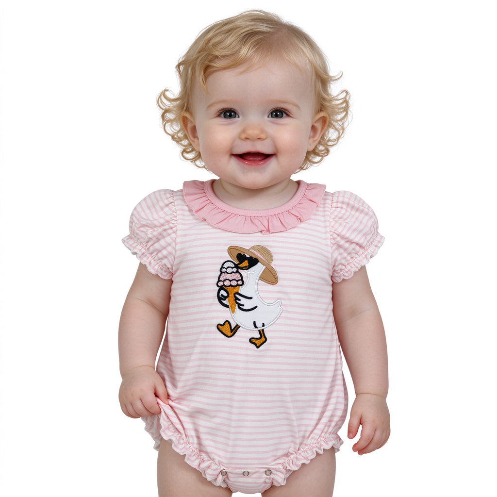 Pink ruffle stripe goose ice cream embroidery girls romper