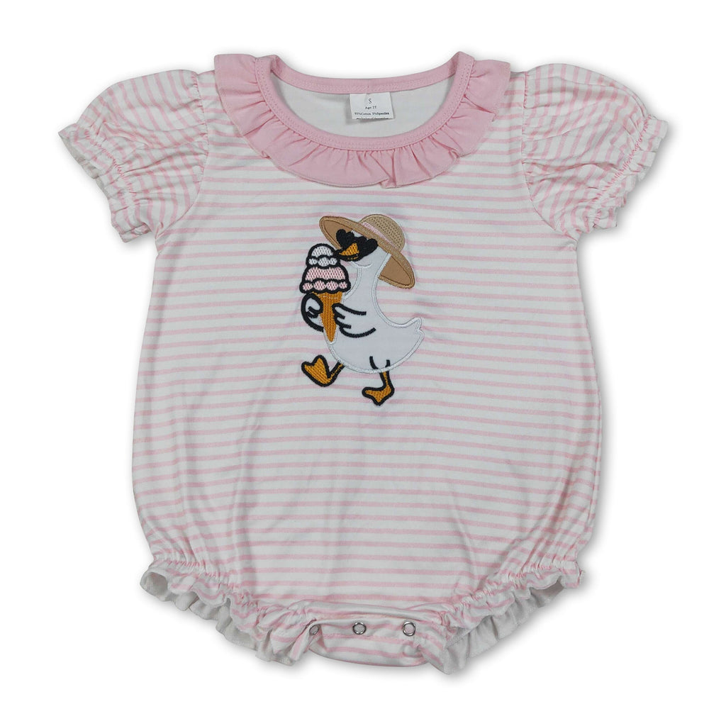 Pink ruffle stripe goose ice cream embroidery girls romper