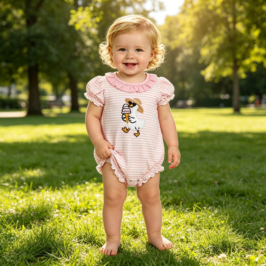 Pink ruffle stripe goose ice cream embroidery girls romper