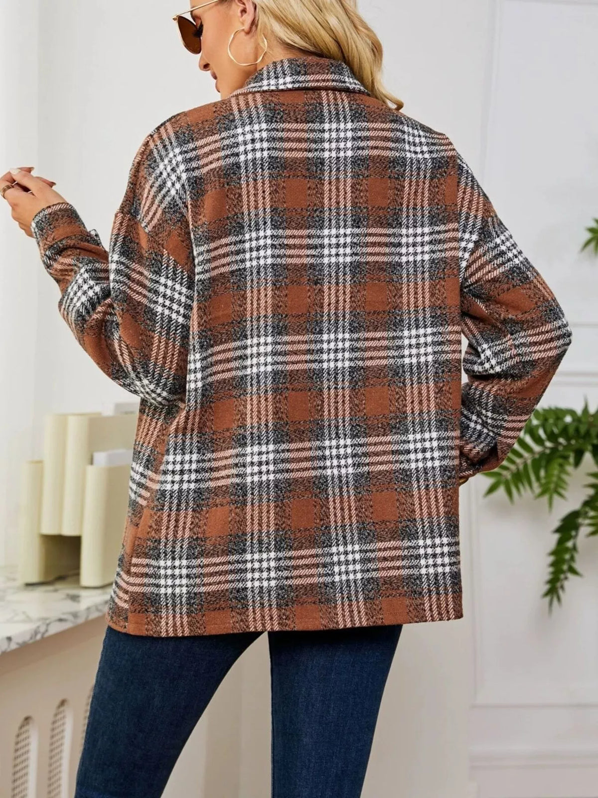 Plaid Button-Up Long Sleeve Shacket with Pockets