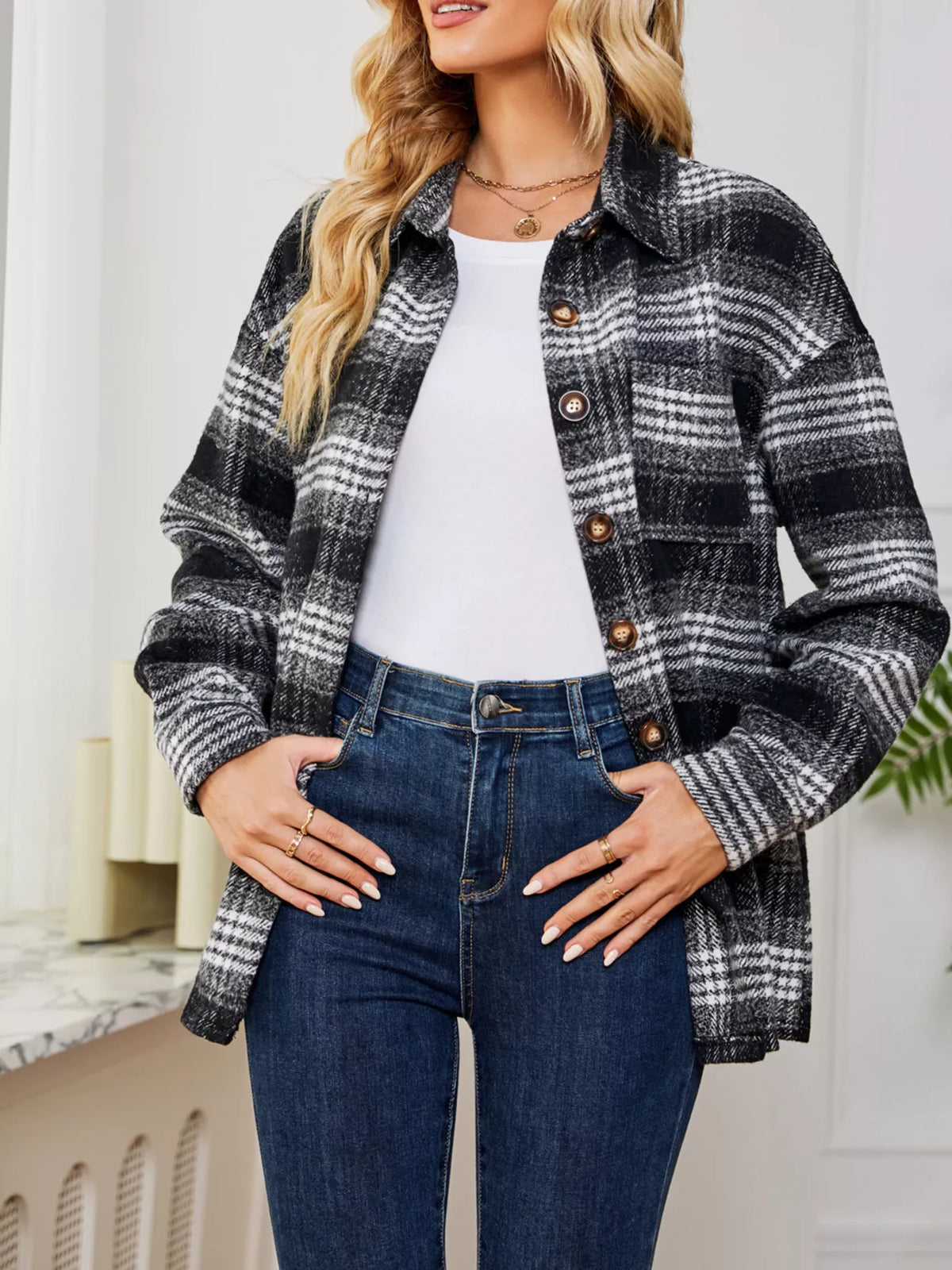 Plaid Button-Up Long Sleeve Shacket with Pockets