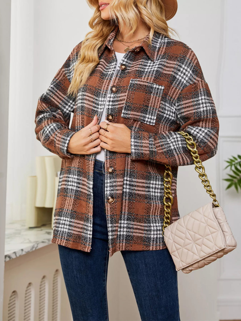 Plaid Button-Up Long Sleeve Shacket with Pockets
