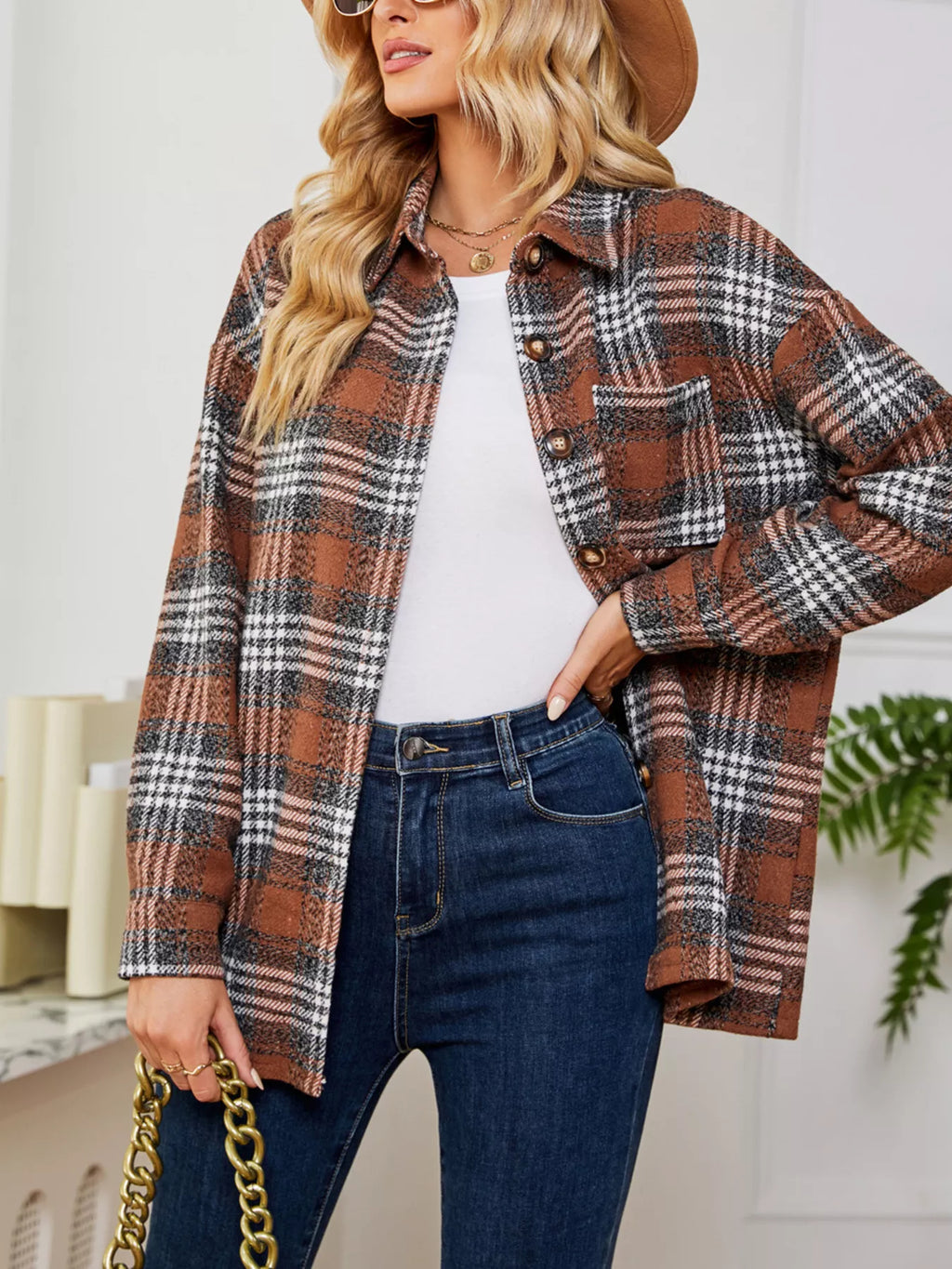 Plaid Button-Up Long Sleeve Shacket with Pockets