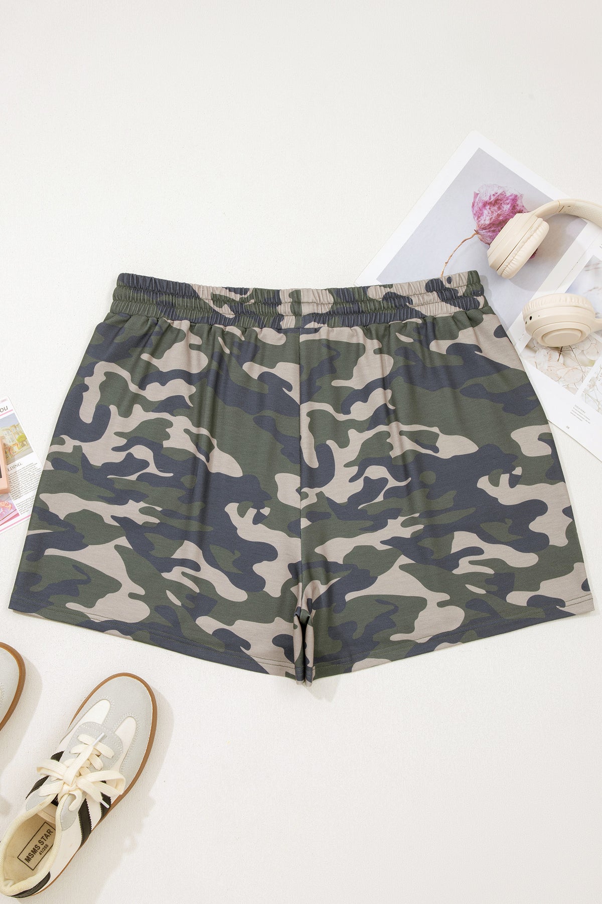 Green Tie Elastic Waist Pocketed Plus Size Camo Shorts
