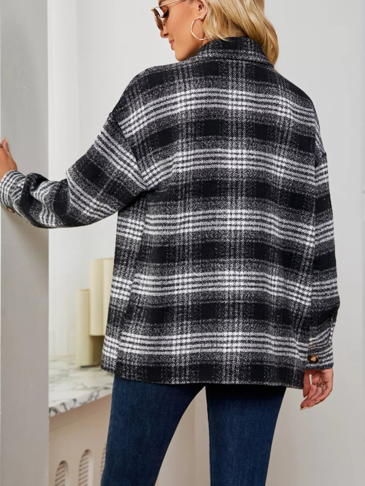 Plaid Button-Up Long Sleeve Shacket with Pockets