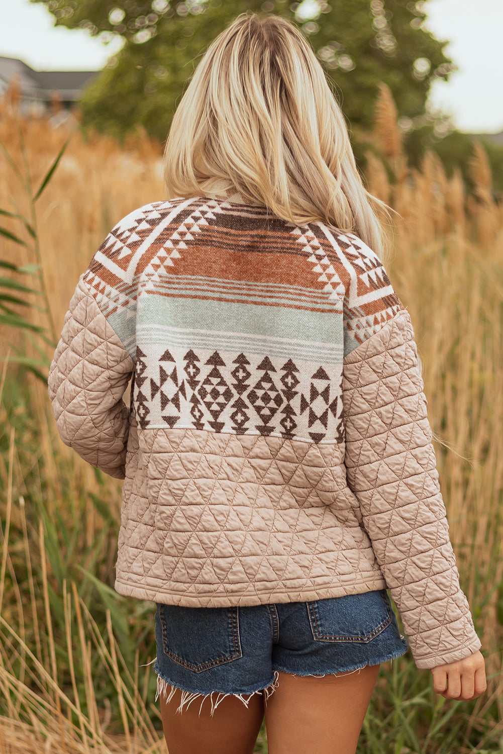Light French Beige Aztec Quilted Patchwork Western Fashion Jacket