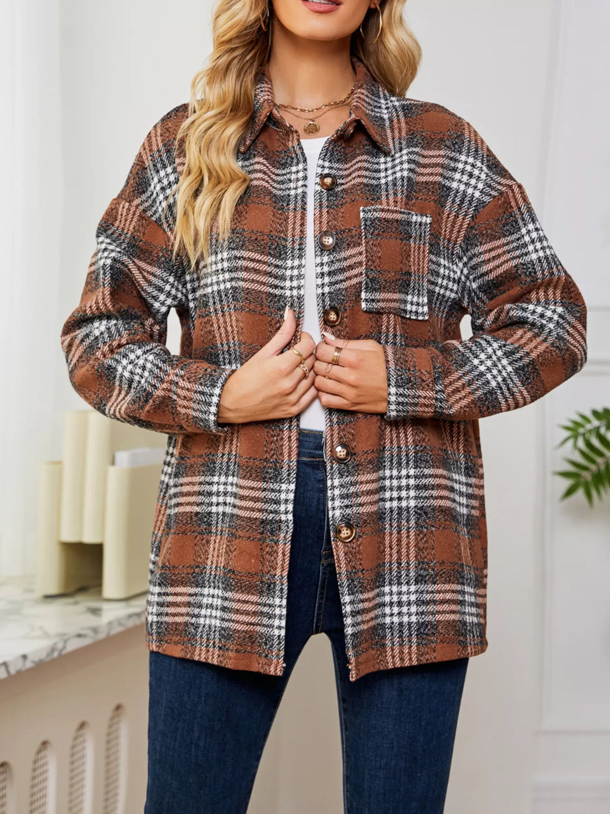 Plaid Button-Up Long Sleeve Shacket with Pockets