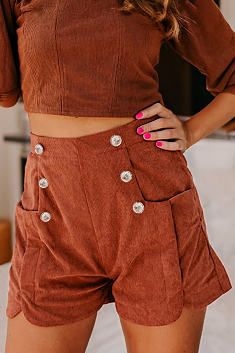 Clay Button Decor Scalloped Edge High Waist Corduroy Shorts