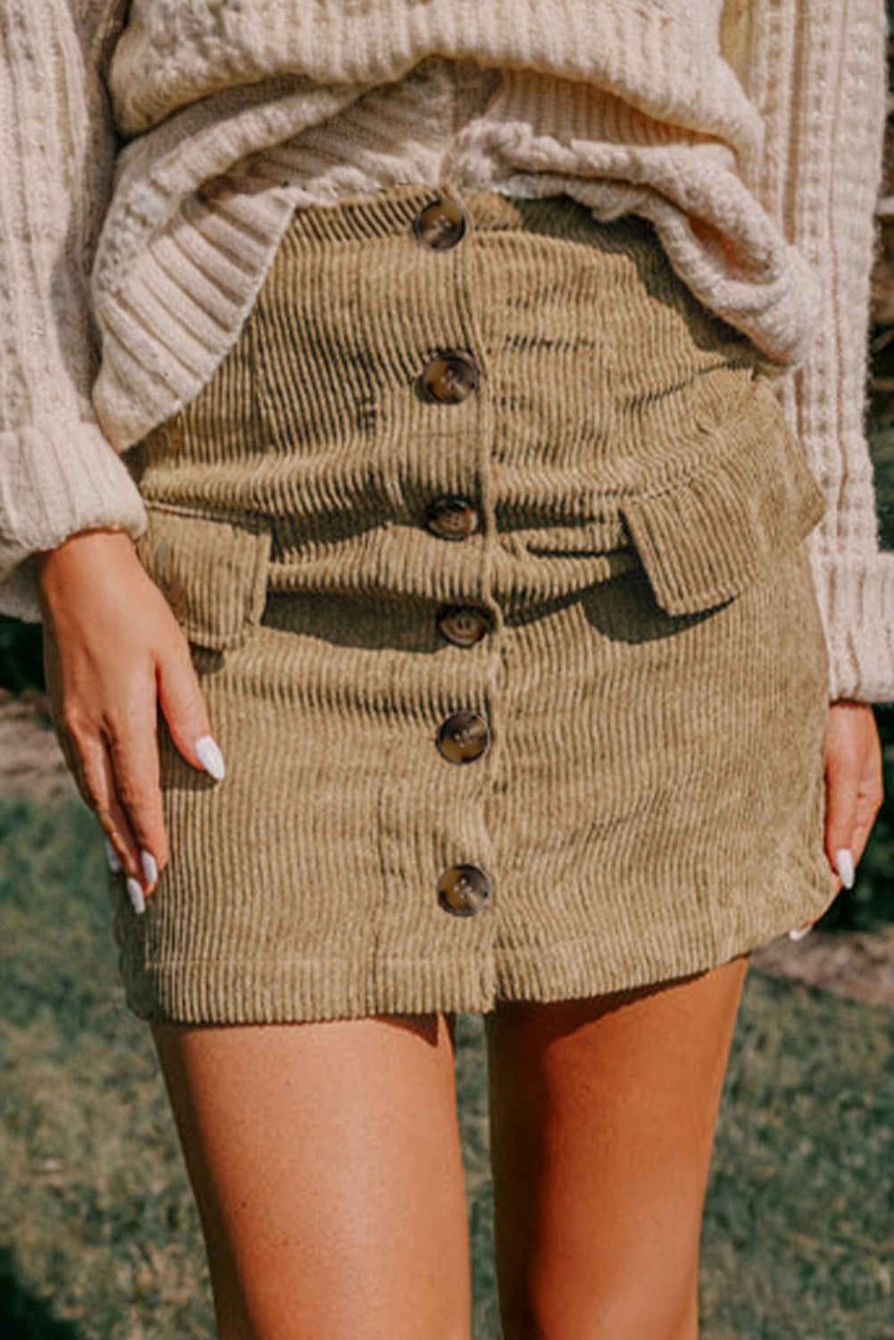 Camel Corduroy Buttoned Front Faux Pockets Mini Skirt