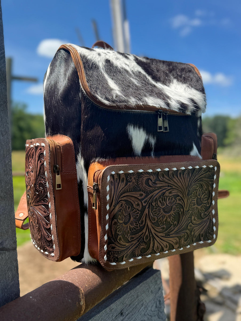Genuine Western Cowhide Leather Backpack Diaper Bag Personal Item carry-on luggage by Double B Wild Rags