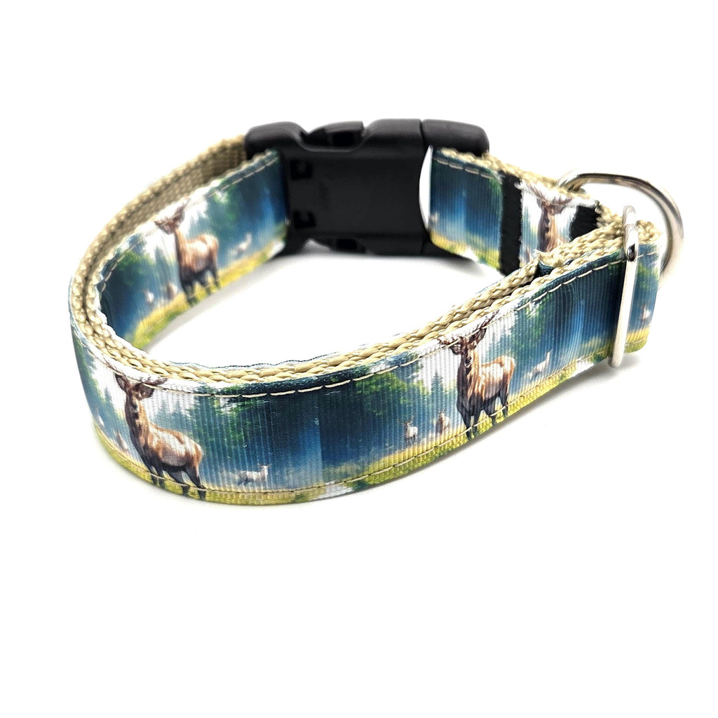 Whitetail Deer Buck Dog Collar - Handmade Wilderness Scene - 1 Inch Wide Adjustable - Gift for Hunters & Outdoorsmen